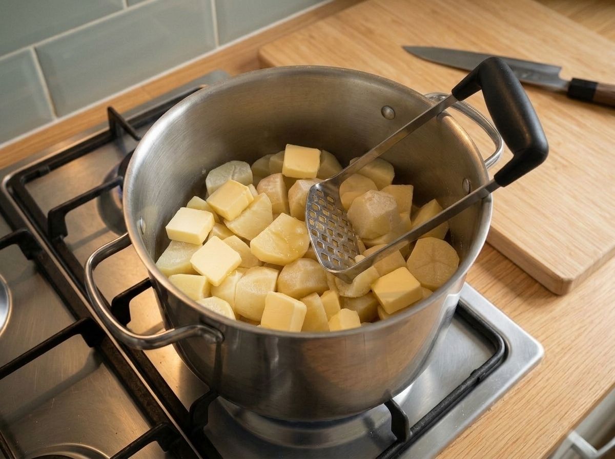 Cubes of vegan butter scattered over the dry potatoes with a masher resting in the pot.