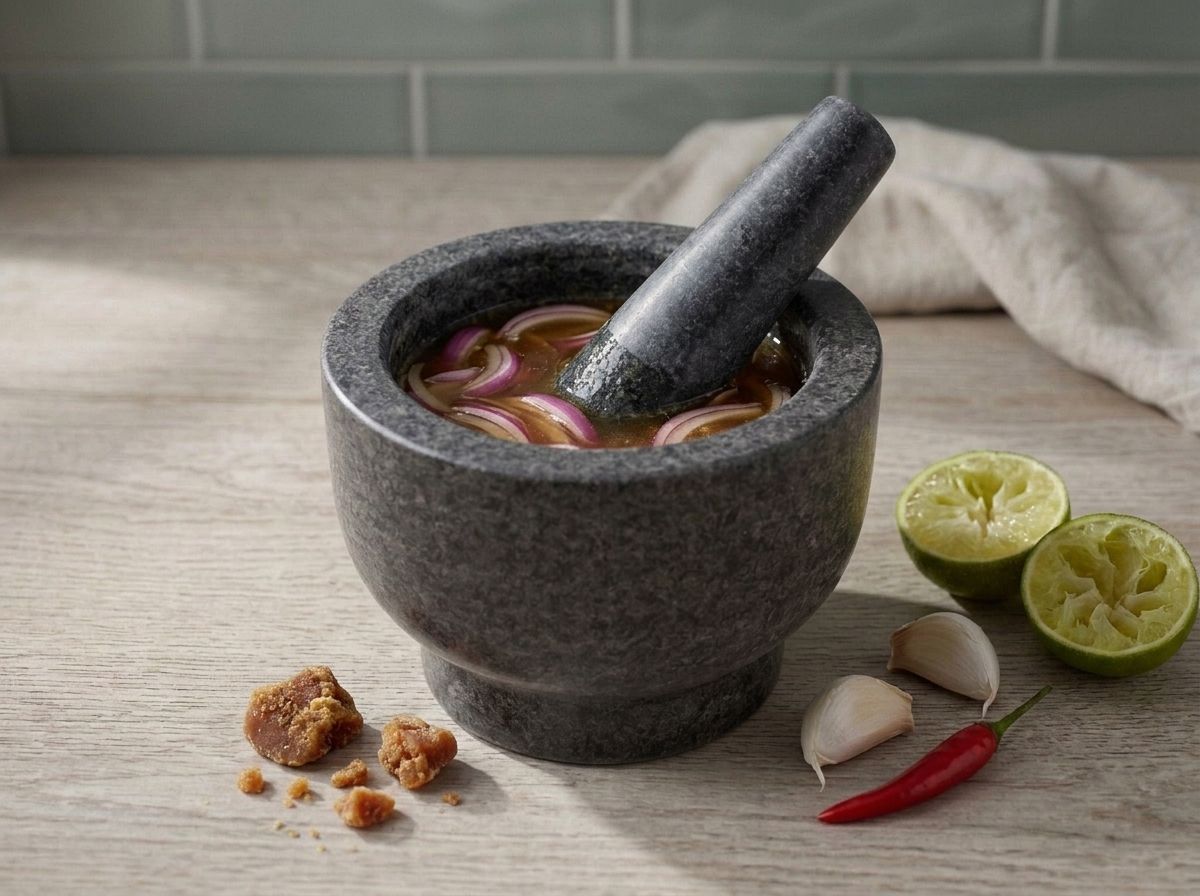 Palm sugar, lime juice and vegan fish sauce mixed into the mortar, with sliced red onion left to soften in the dressing