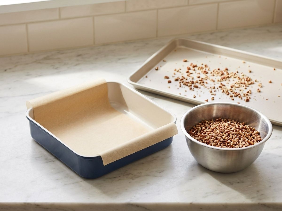 Parchment-lined square baking pan beside a bowl of freshly toasted chopped pecans