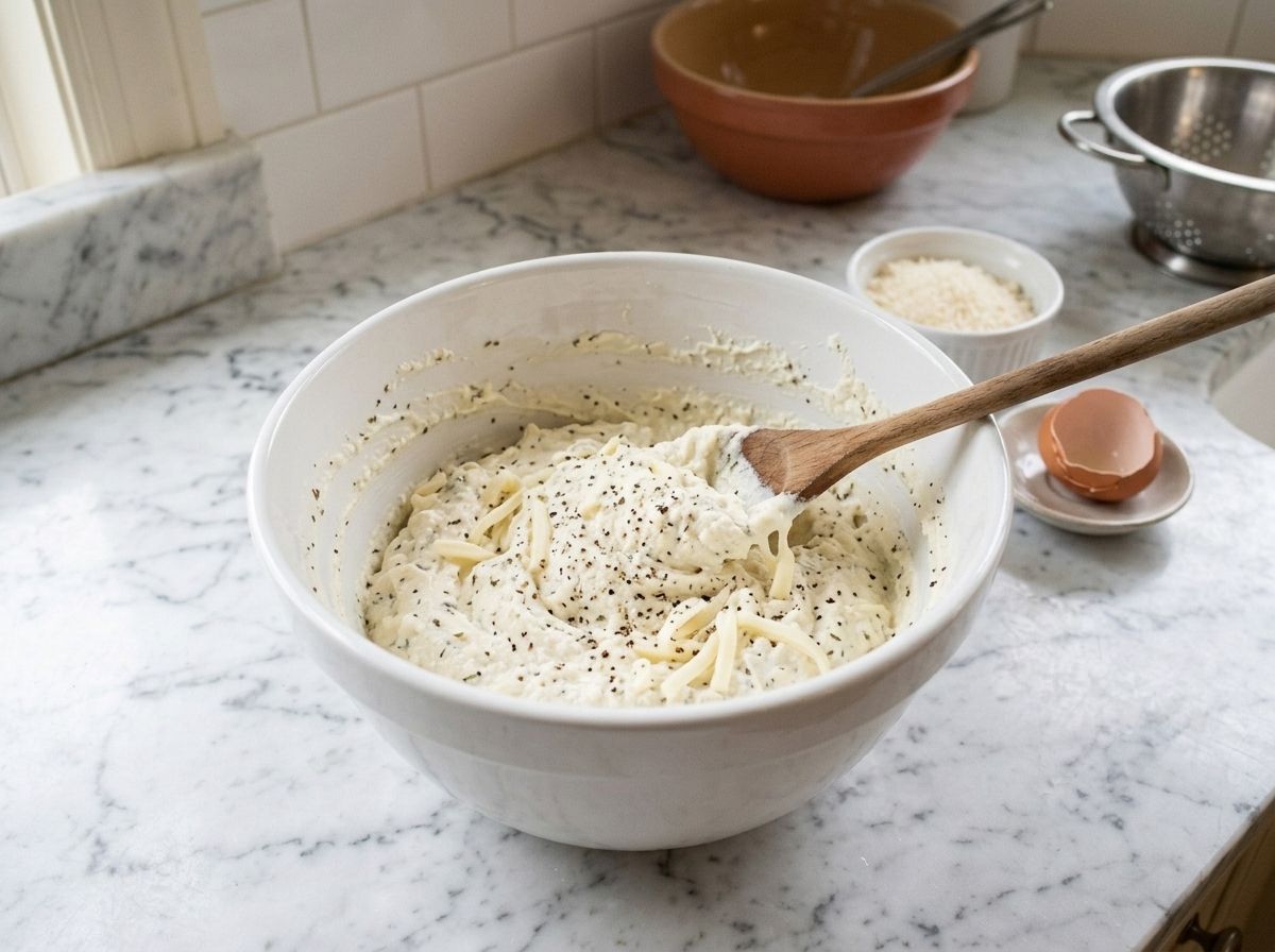 Ricotta, mozzarella, parmesan and egg stirred into a slack ivory filling flecked with herbs and black pepper