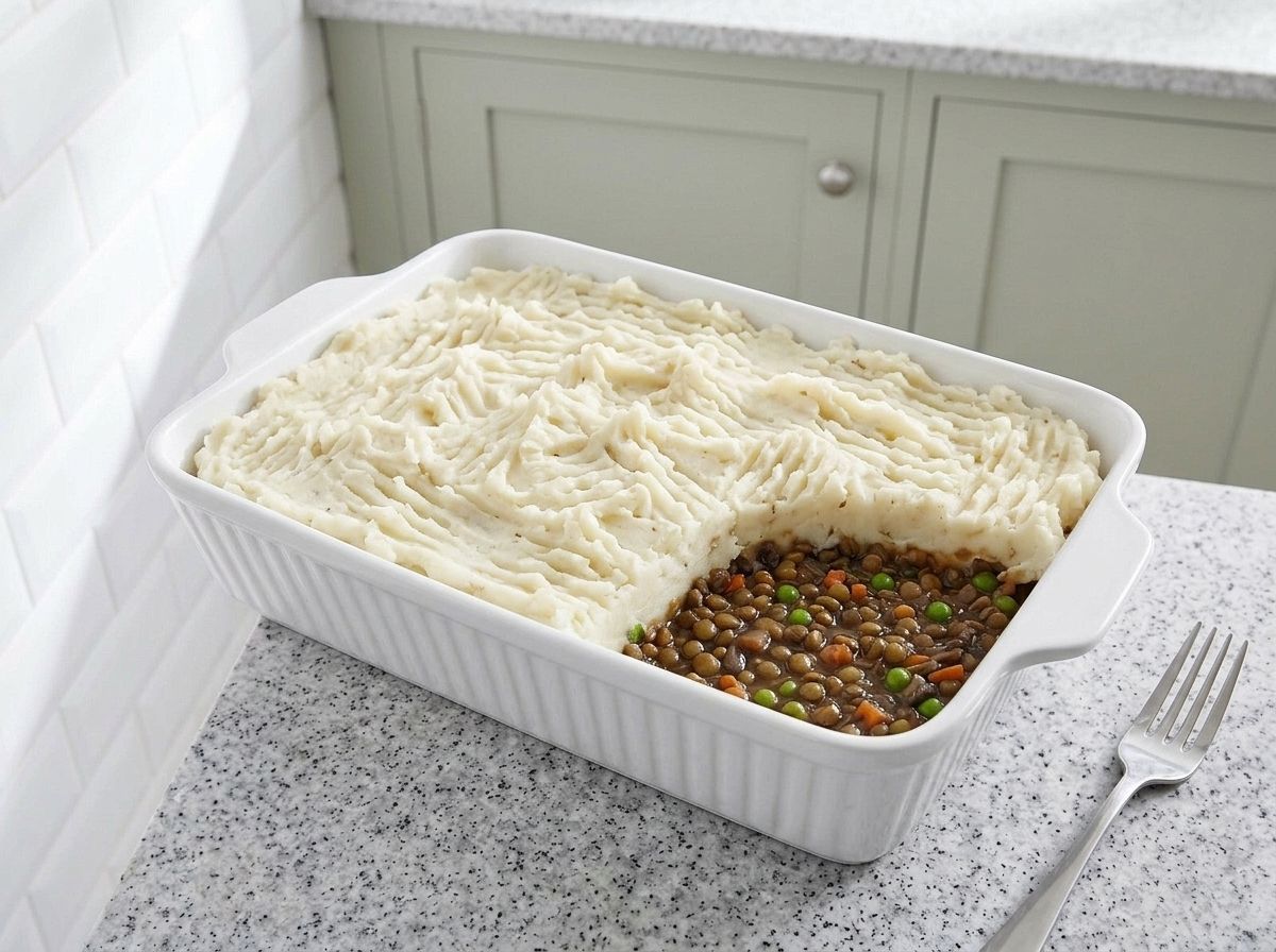 The lentil filling spread in a white baking dish and topped with forked mashed potato, ready for the oven