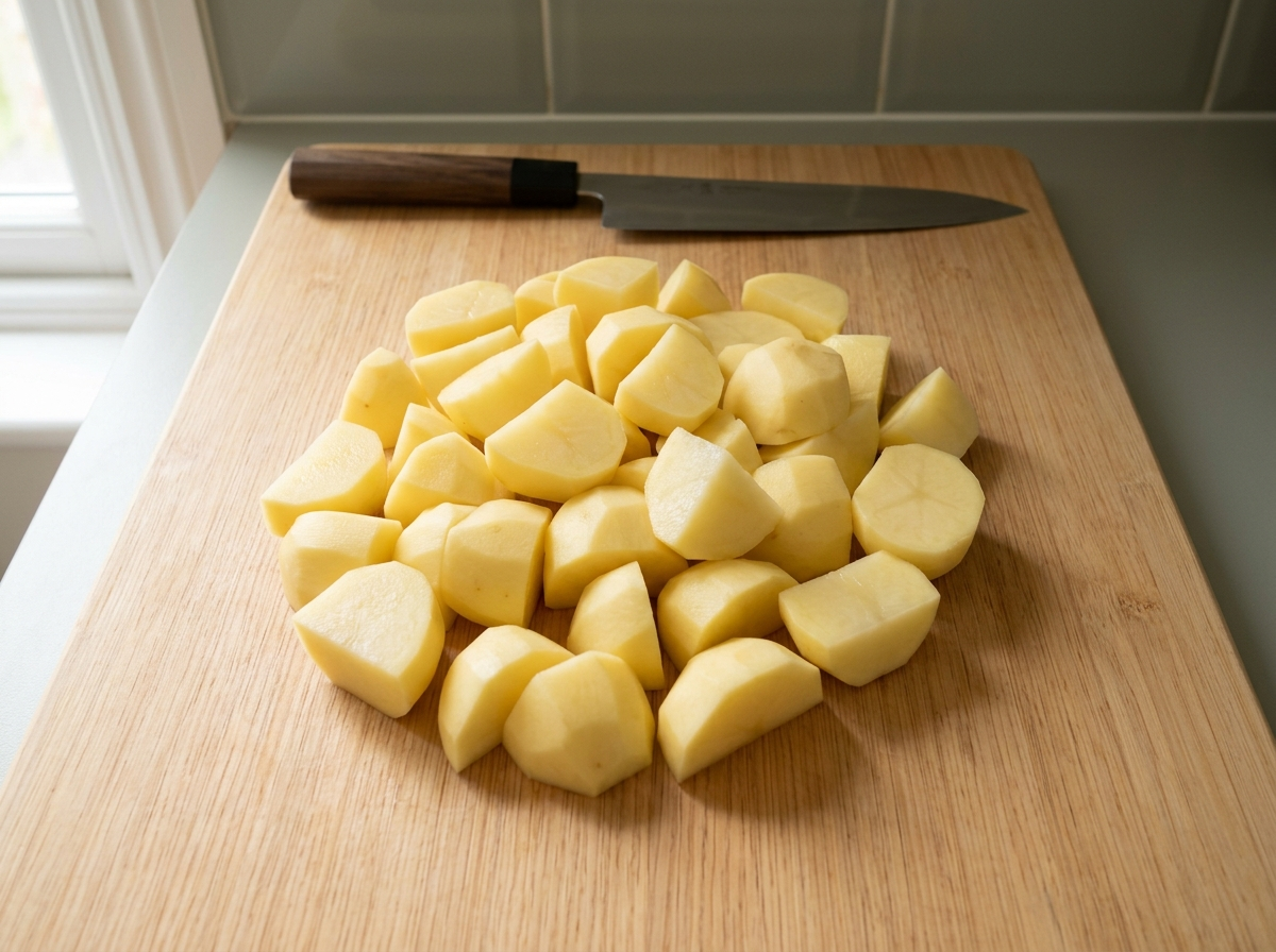 Peeled Yukon Gold potatoes cut into even chunks on a wooden board beside a chef's knife.