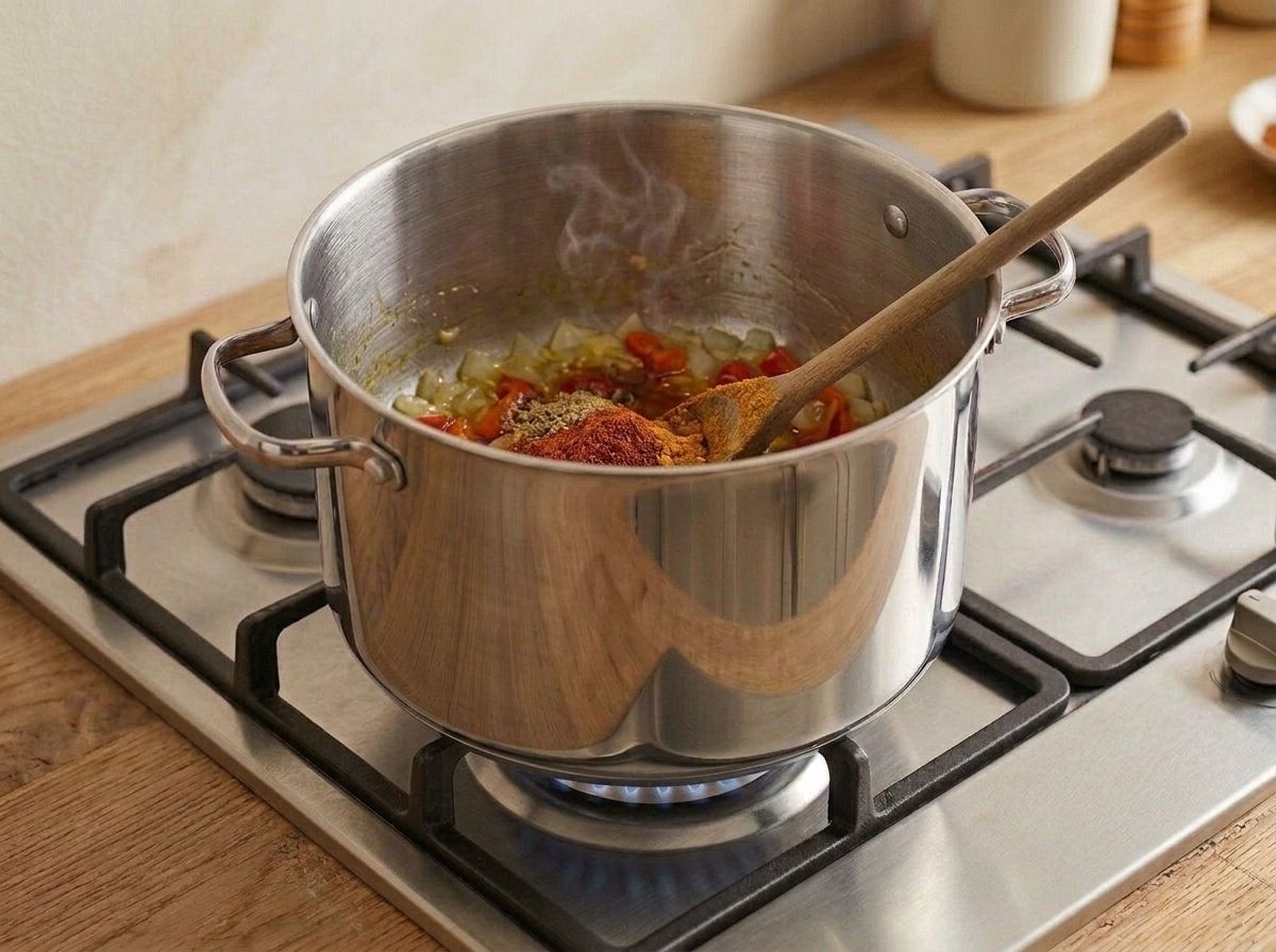 Cumin, chili powder and oregano added to the softened vegetables and stirred into the hot oil