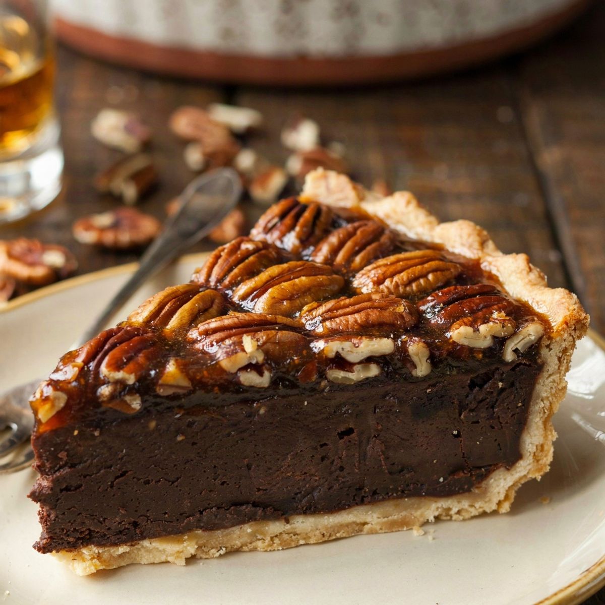 A slice of brownie pecan pie on a cream plate, its cut face showing a pale gold pastry base, a thick dark fudgy brownie layer and a glossy amber pecan layer under whole pecan halves.
