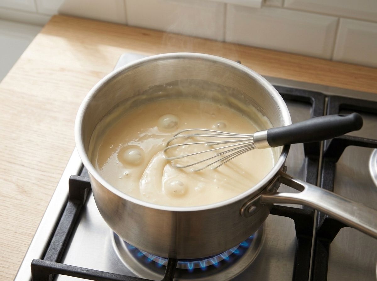 The pudding thickened to a glossy ivory and boiling, fat bubbles breaking the surface