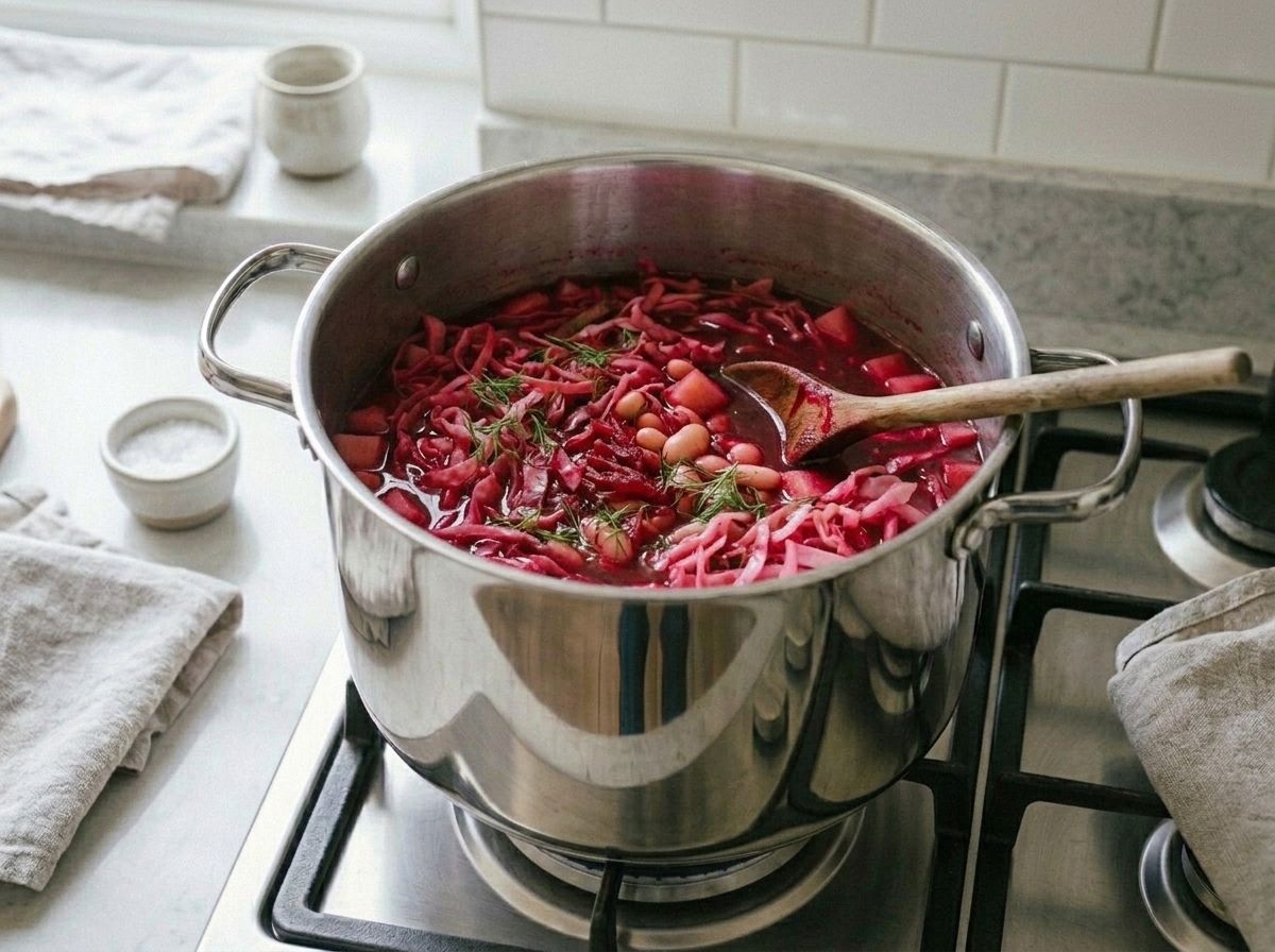 The stewed beets stirred into the pot, turning the borscht deep red, with fresh dill just added off the heat