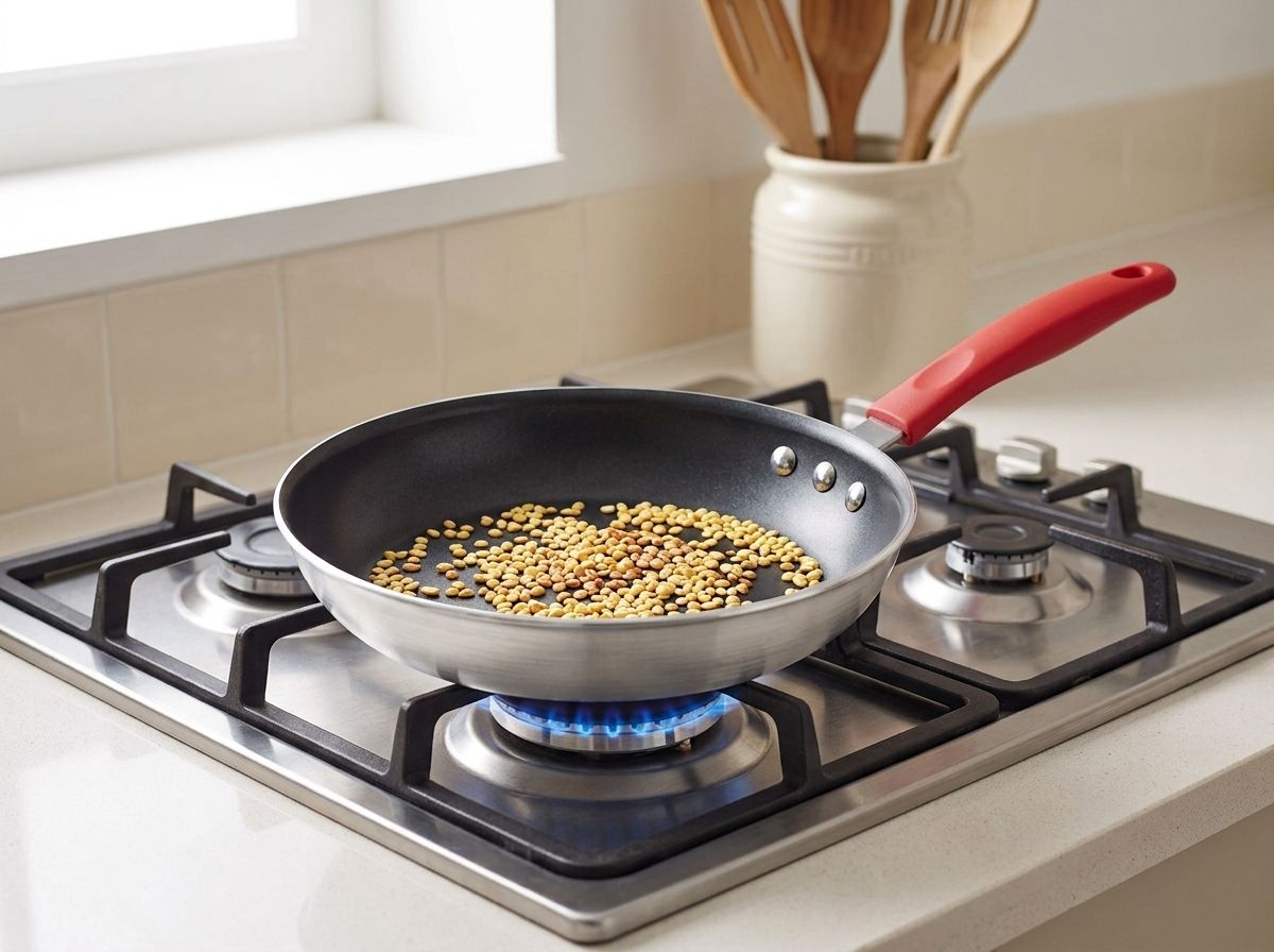 Split yellow mung beans toasting to a light gold in a dry pan