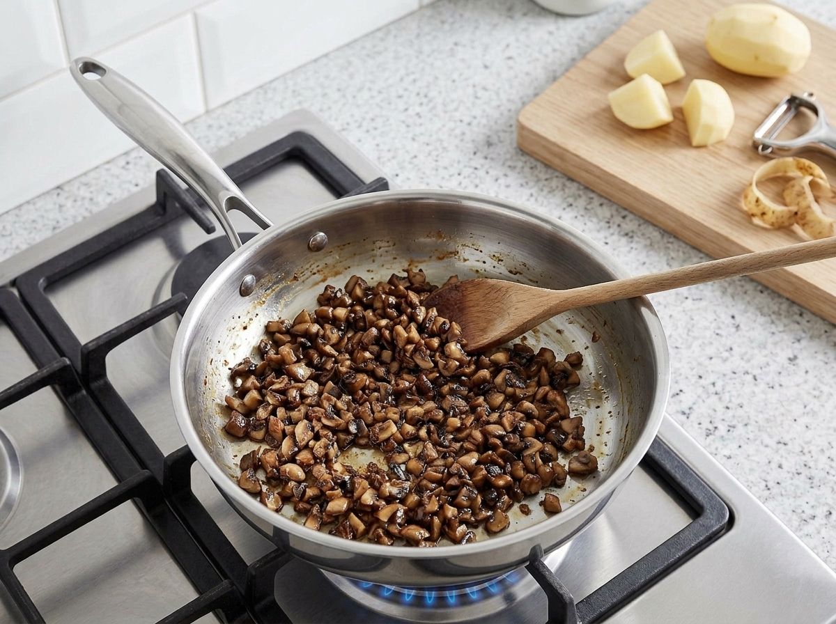 Finely chopped mushrooms cooked down to a deep brown in a dry stainless steel skillet