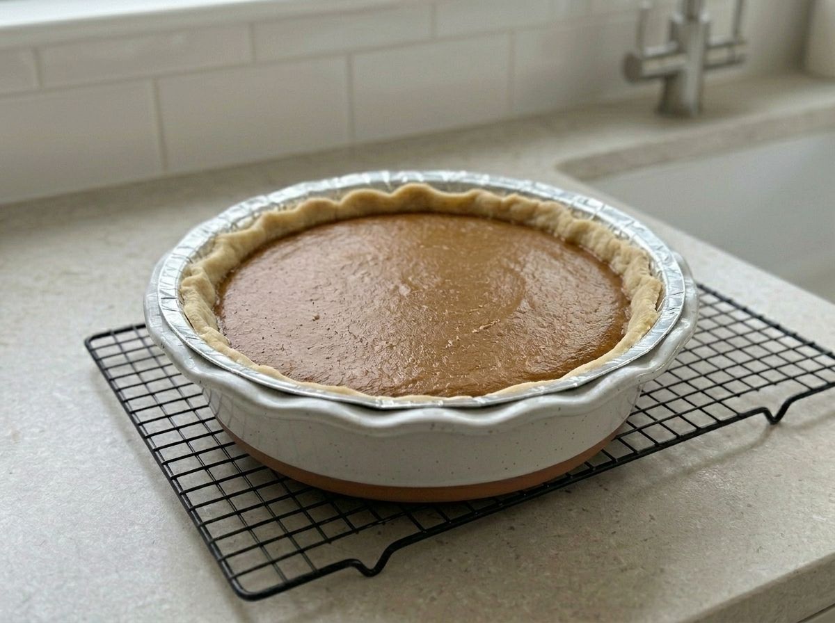 Raw pumpkin filling poured into the par-baked shell, level with the pastry, with a foil ring shielding the rim before baking.