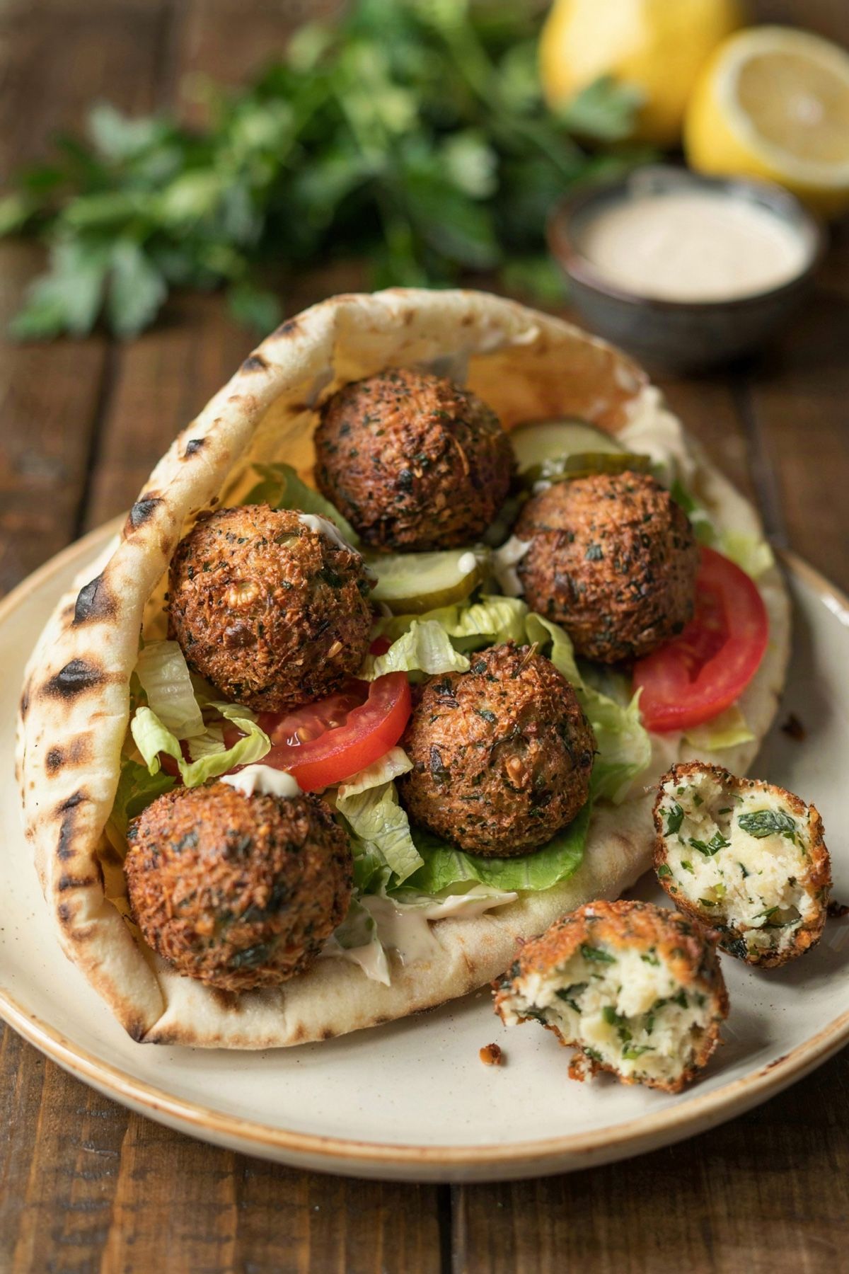 Falafel sandwich in a soft pita with tahini, craggy golden falafel, shredded lettuce, tomato and pickles, one falafel torn open beside it to show the green herb-flecked inside.