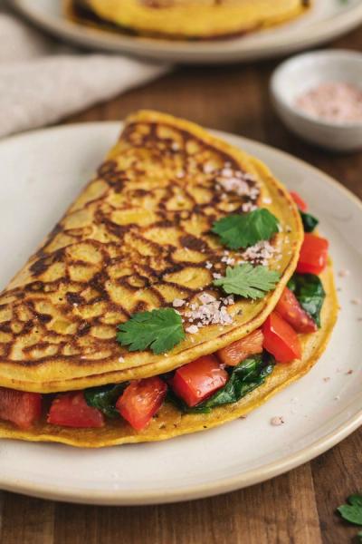 A folded vegan chickpea omelette on a pale ceramic plate, the golden turmeric-yellow pancake opened along one edge to show diced red bell pepper, tomato and wilted spinach, finished with a dusting of pink-gray kala namak and fresh cilantro.