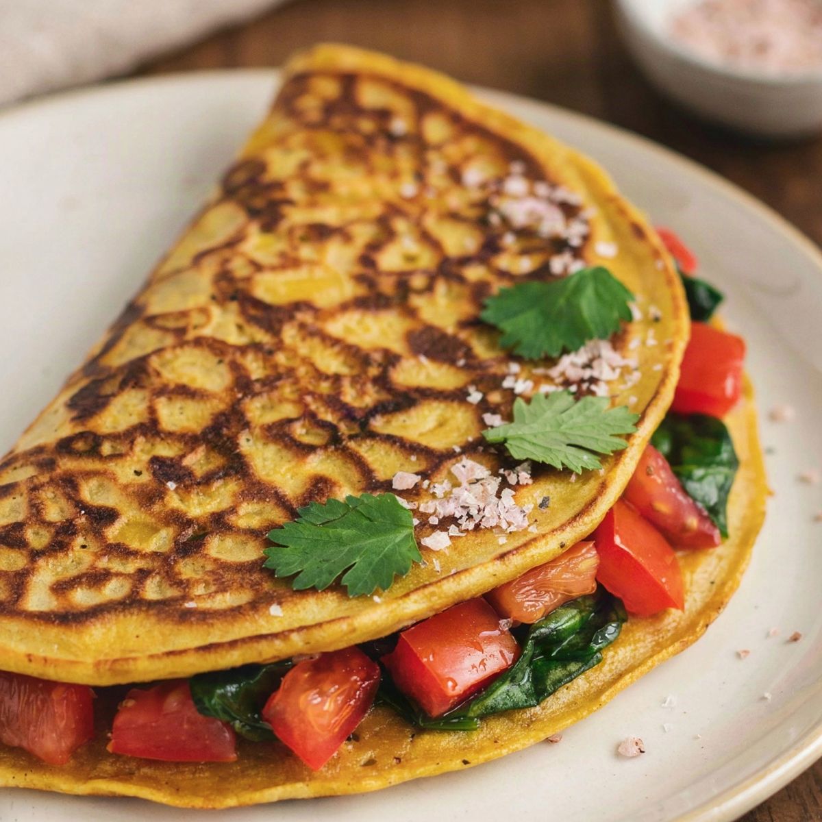 A folded vegan chickpea omelette on a pale ceramic plate, the golden turmeric-yellow pancake opened along one edge to show diced red bell pepper, tomato and wilted spinach, finished with a dusting of pink-gray kala namak and fresh cilantro.