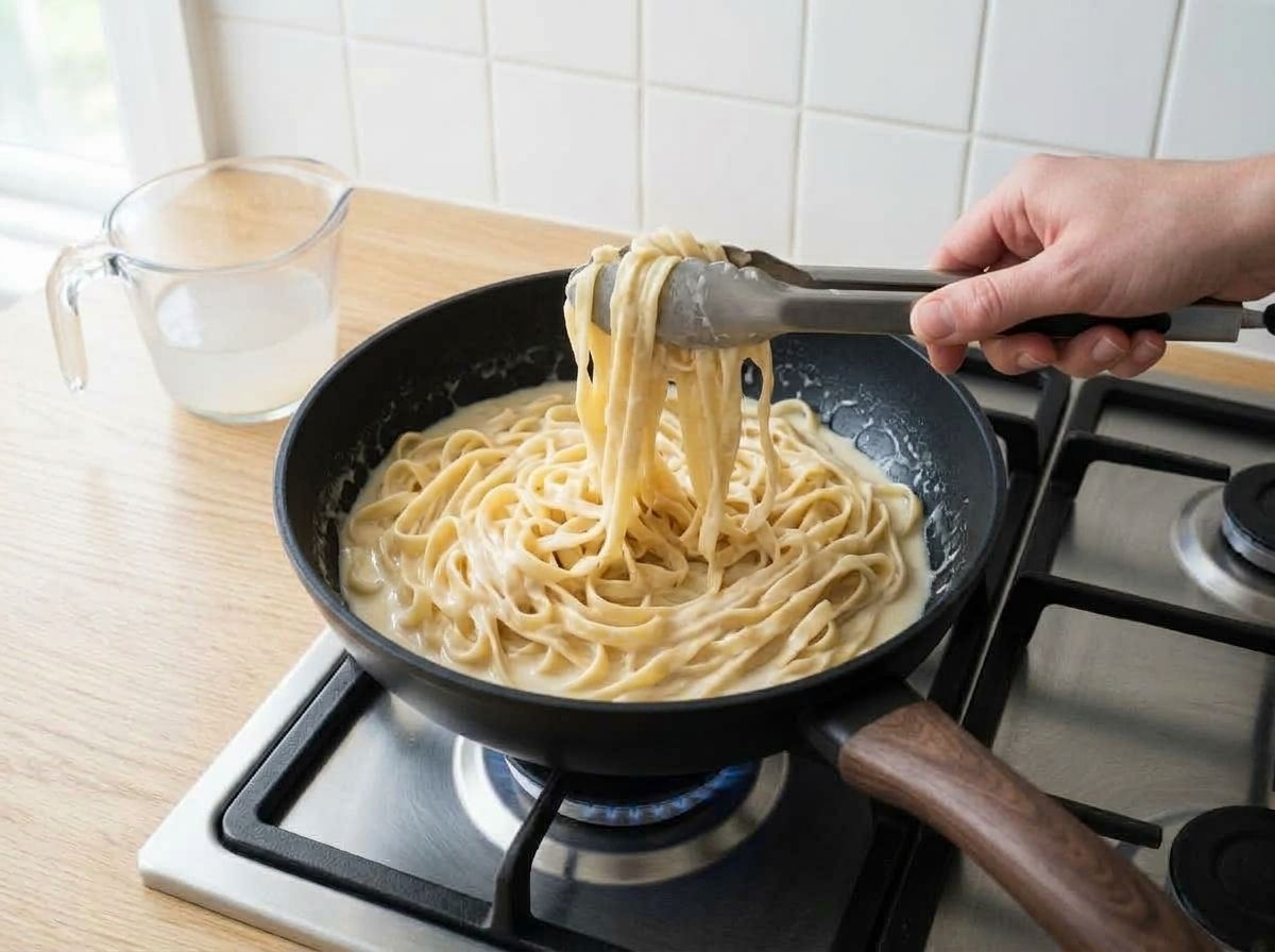 Fettuccine tossed in the skillet with the cashew sauce, tongs lifting glossy coated strands, pasta water jug beside the hob