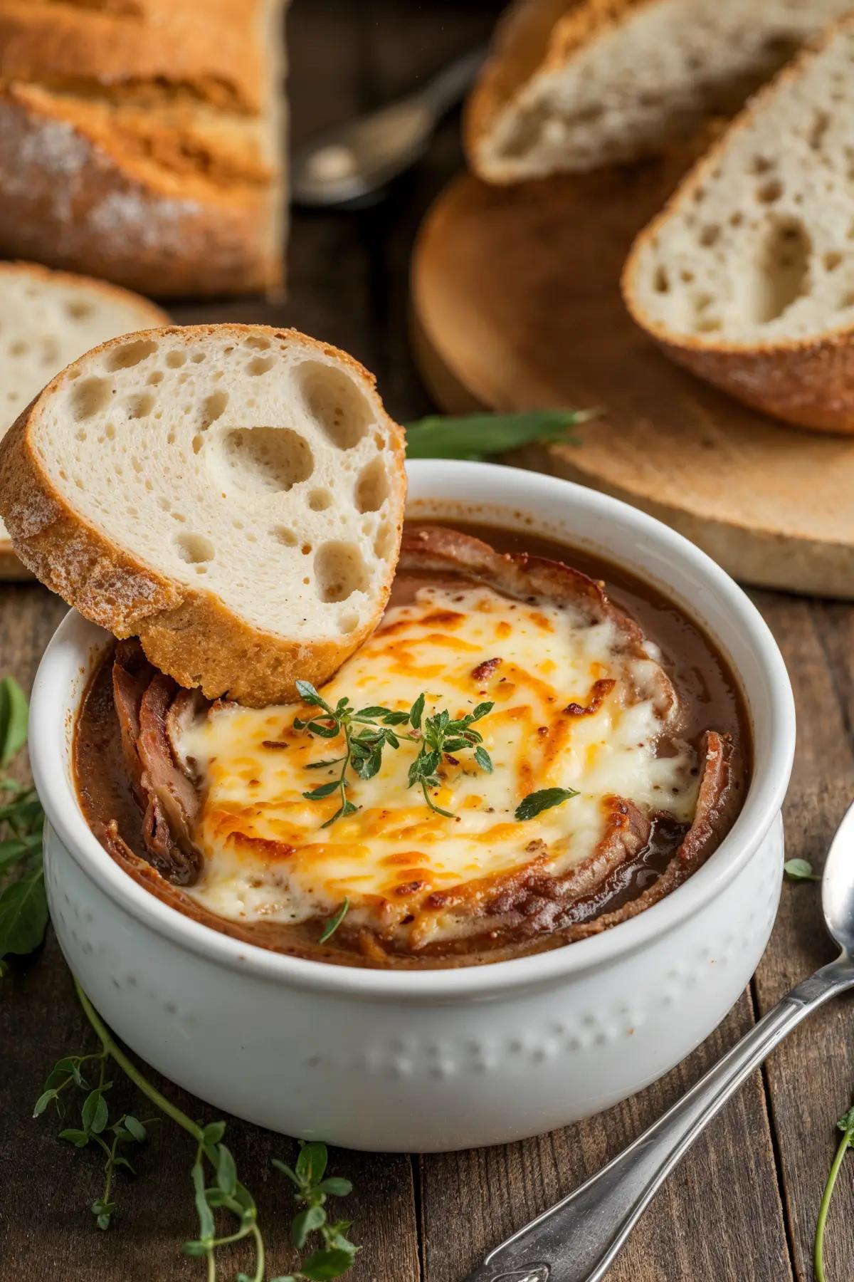 A bowl of vegetarian French onion soup with melted cheese and toasted bread, served on a rustic wooden table.