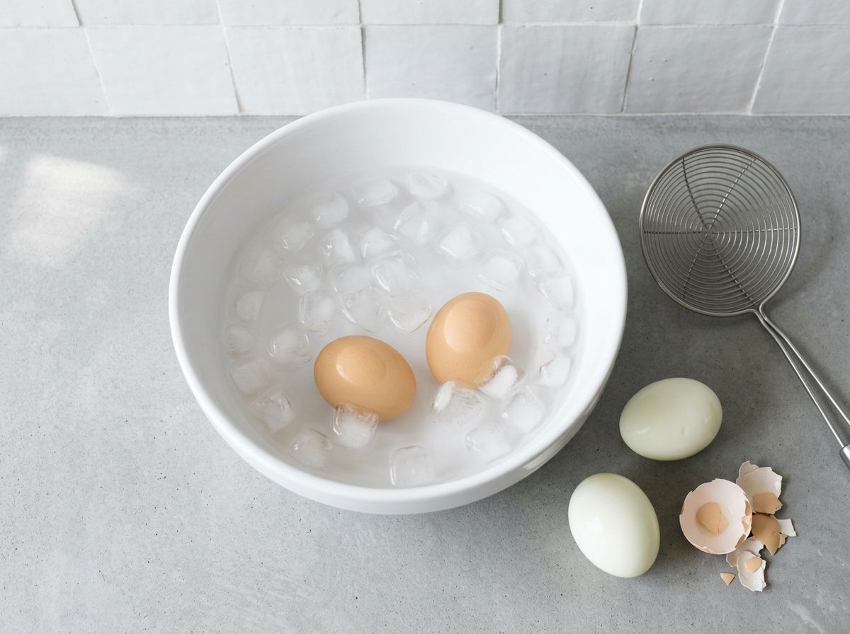 Boiled eggs cooling in a bowl of ice water, two of them already peeled on the worktop beside the broken shells