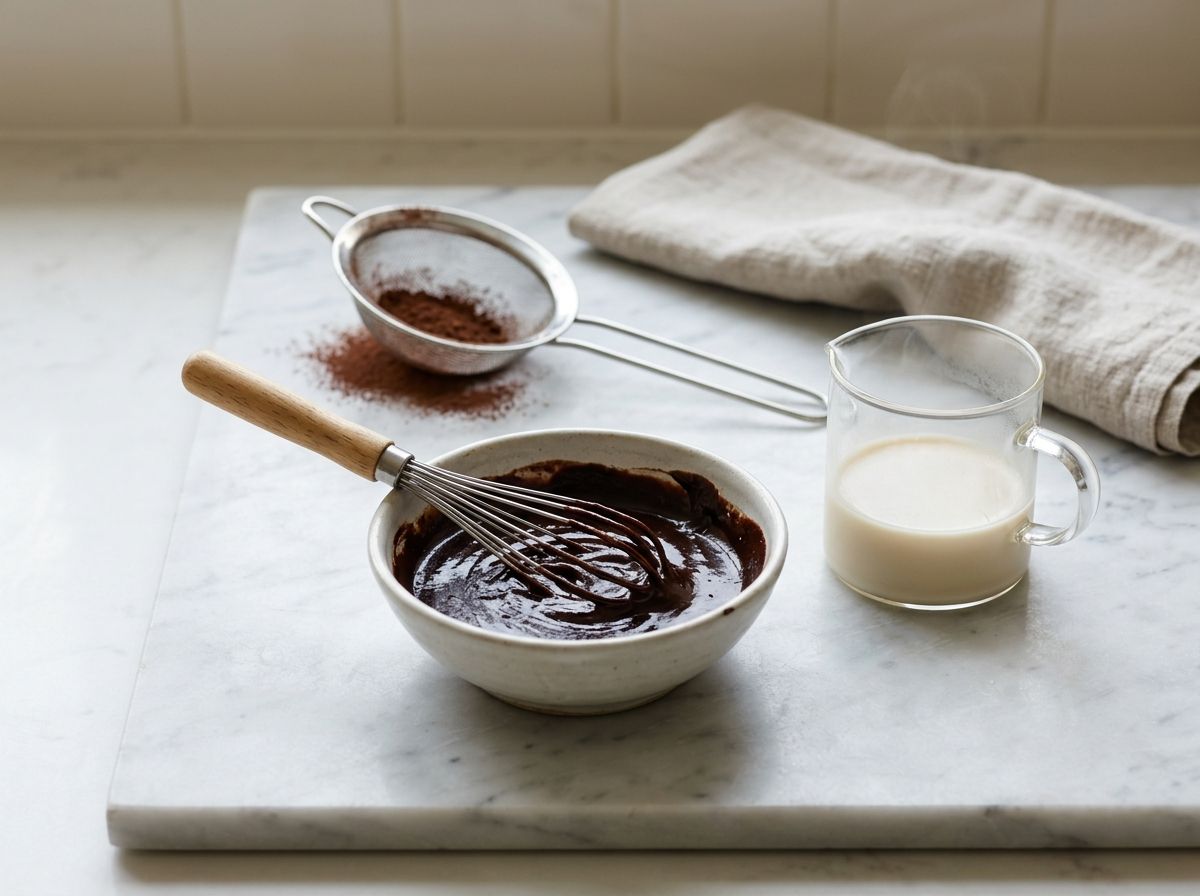 Cocoa powder whisked into warm plant milk until it forms a smooth, glossy dark paste, a sieve of cocoa alongside