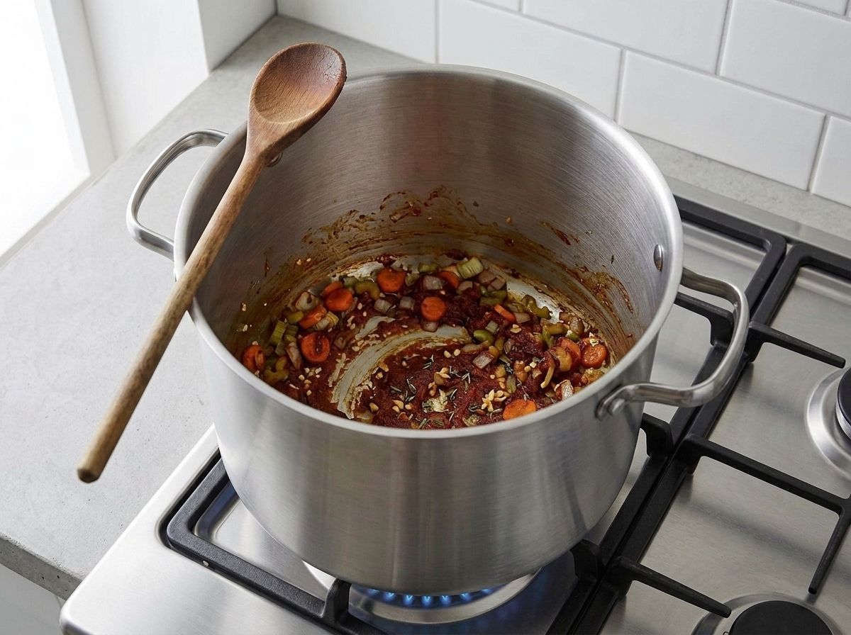 Tomato paste darkened to brick and smeared through the softened vegetables with garlic and thyme