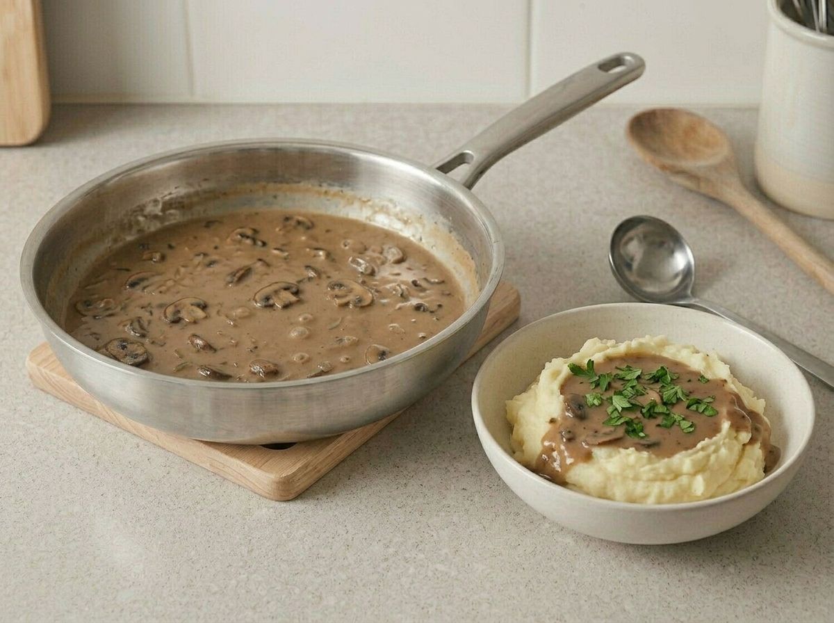 The finished gravy off the heat beside a bowl of mashed potato with gravy ladled into the well.