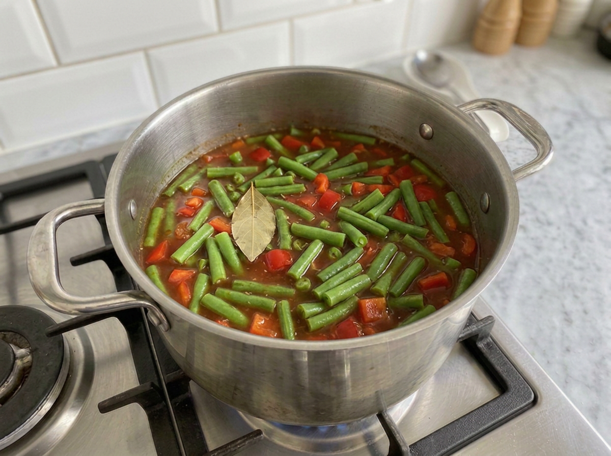 Green beans and diced red bell pepper stirred into the simmering broth, the beans still bright green.