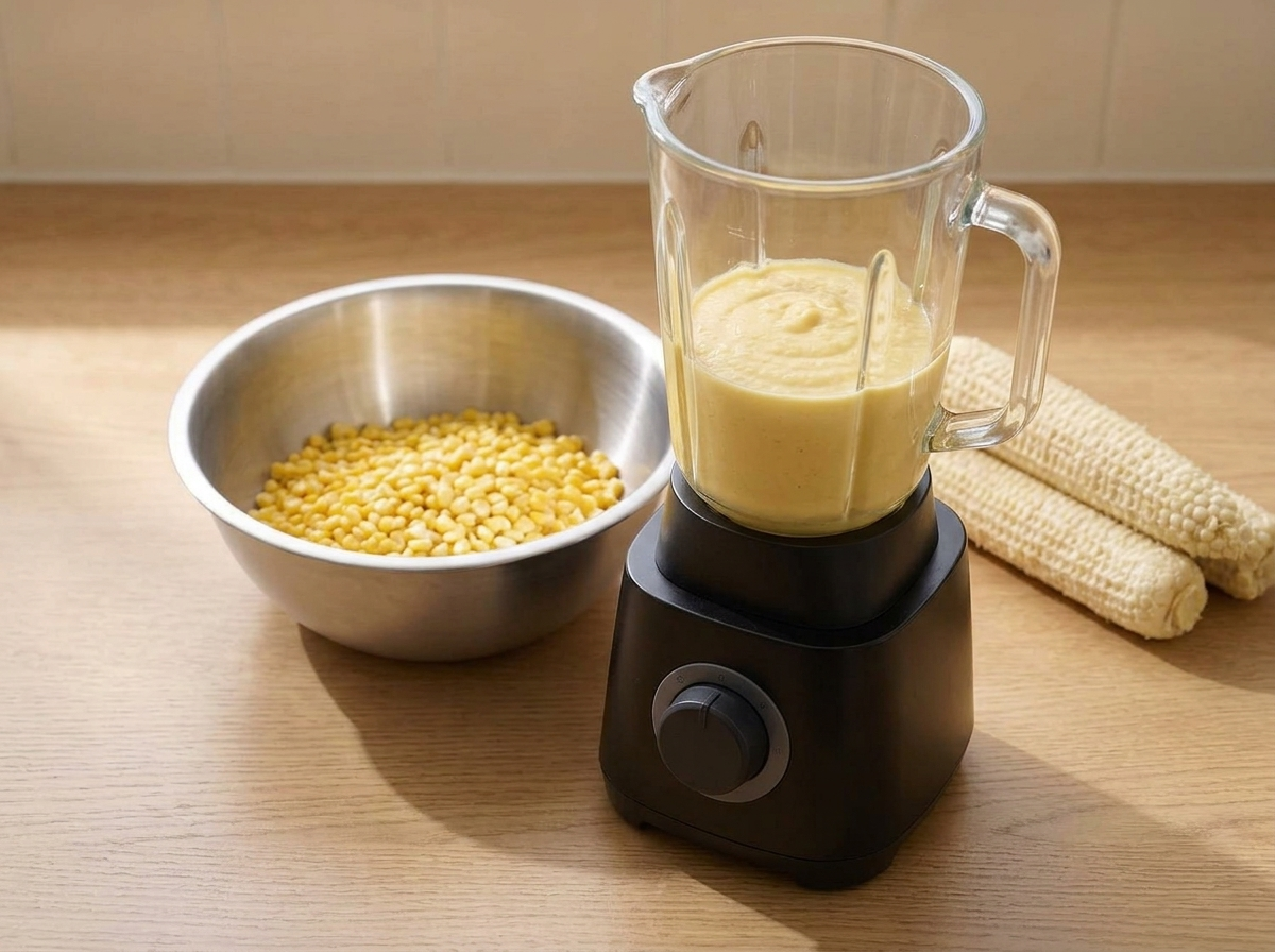 A blender jug of smooth pale golden corn puree beside a steel bowl of the reserved whole kernels.