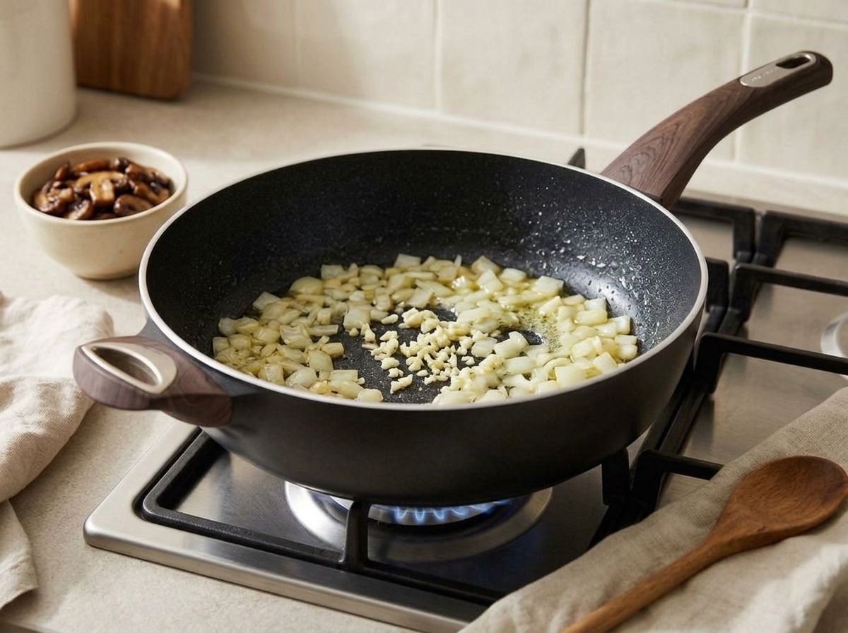 Diced onion and garlic softening in melted butter in a black skillet, the browned mushrooms waiting in a bowl alongside