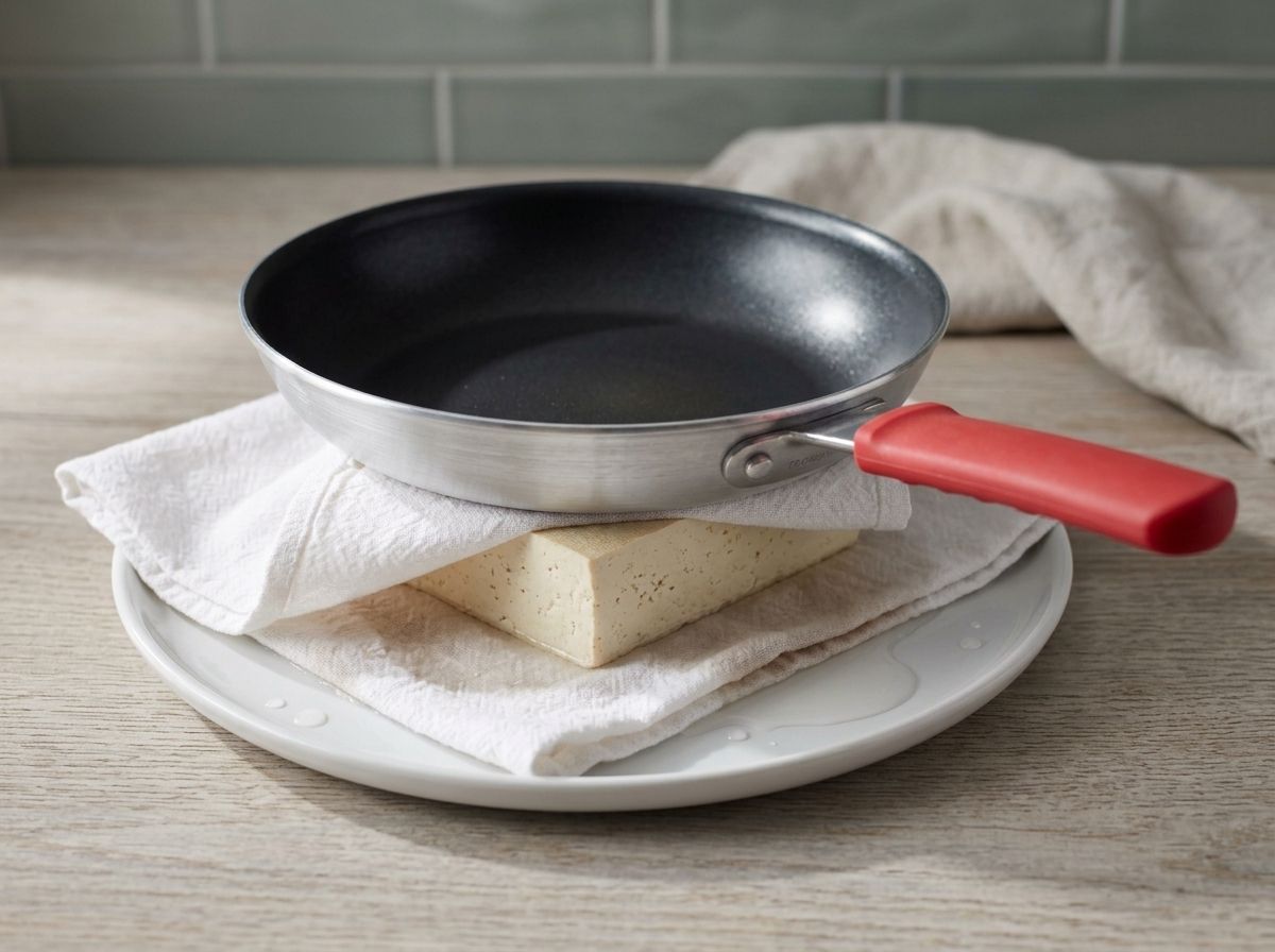 A block of firm tofu wrapped in a kitchen towel and pressed under a heavy frying pan, water soaking into the cloth