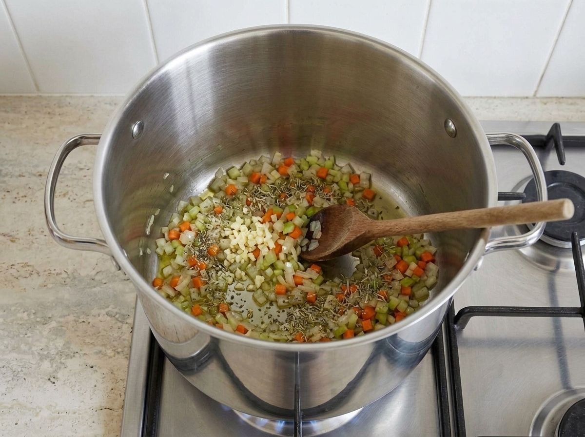 Minced garlic and crumbled dried thyme and rosemary scattered over the softened vegetables in the pot, blooming in the oil.