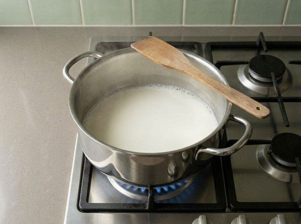 Whole milk in a wide stainless steel pot on a gas burner, just coming to a boil