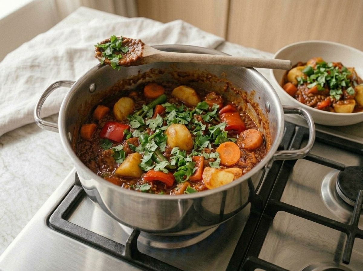 The finished vindaloo off the heat, thick and scattered with cilantro, with a portion served in a bowl alongside