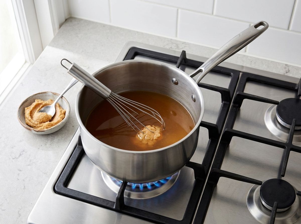 Miso paste being whisked into warm vegetable stock in a stainless steel saucepan.