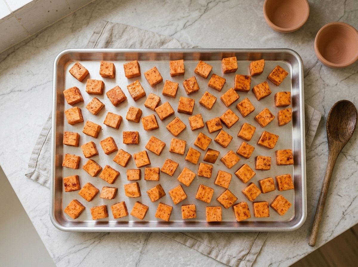 Spiced sweet potato cubes spread across a hot baking sheet in a single layer with bare metal showing between them