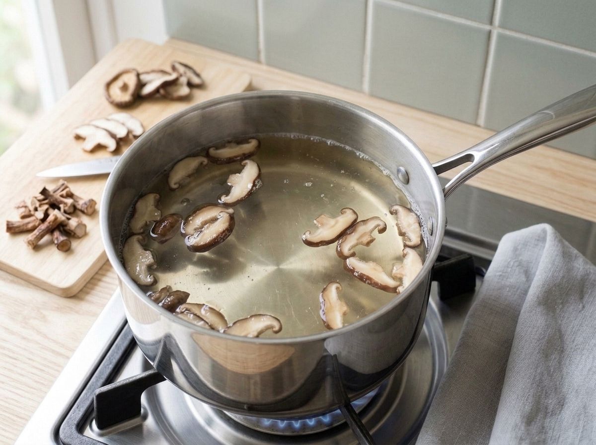 Sliced rehydrated shiitake simmering in the clear dashi, the trimmed woody stems on a board alongside