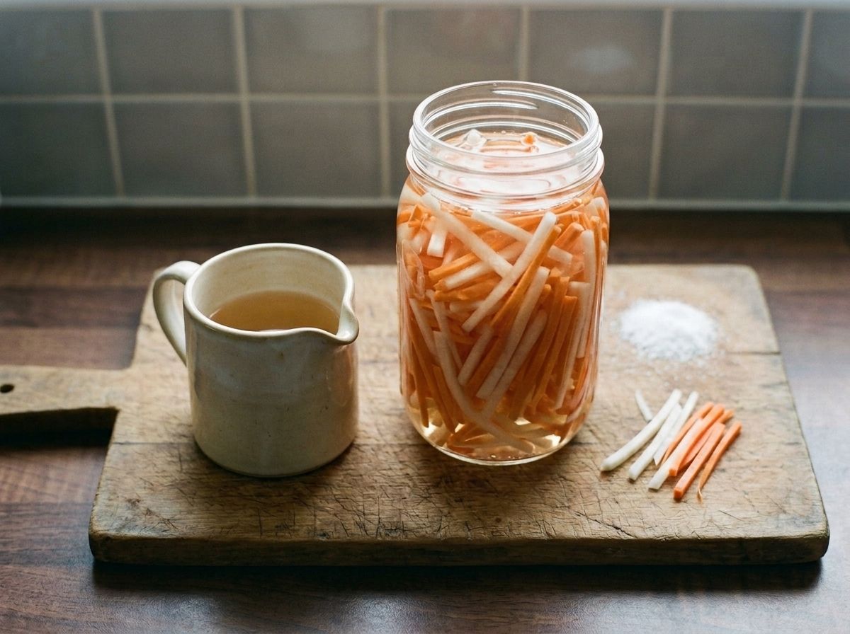 A glass jar packed with orange carrot and white daikon matchsticks submerged in pale pickling brine.