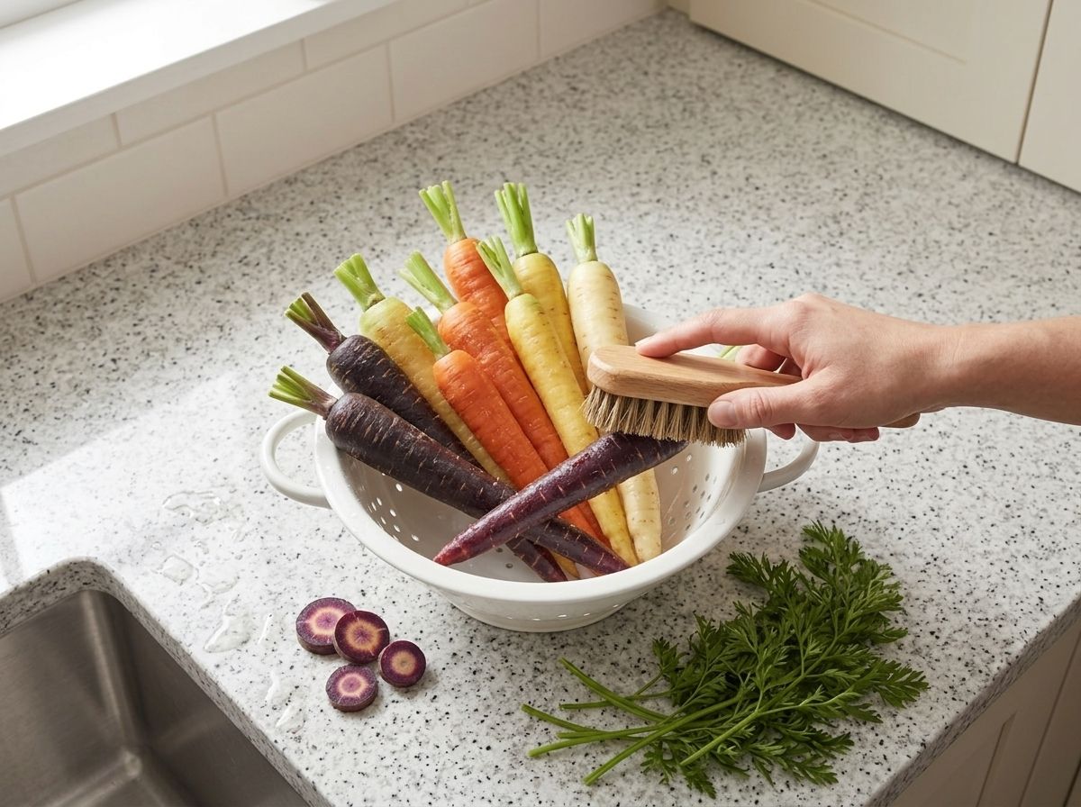 Scrubbing a purple rainbow carrot with a stiff brush, skins left on and the tops trimmed short