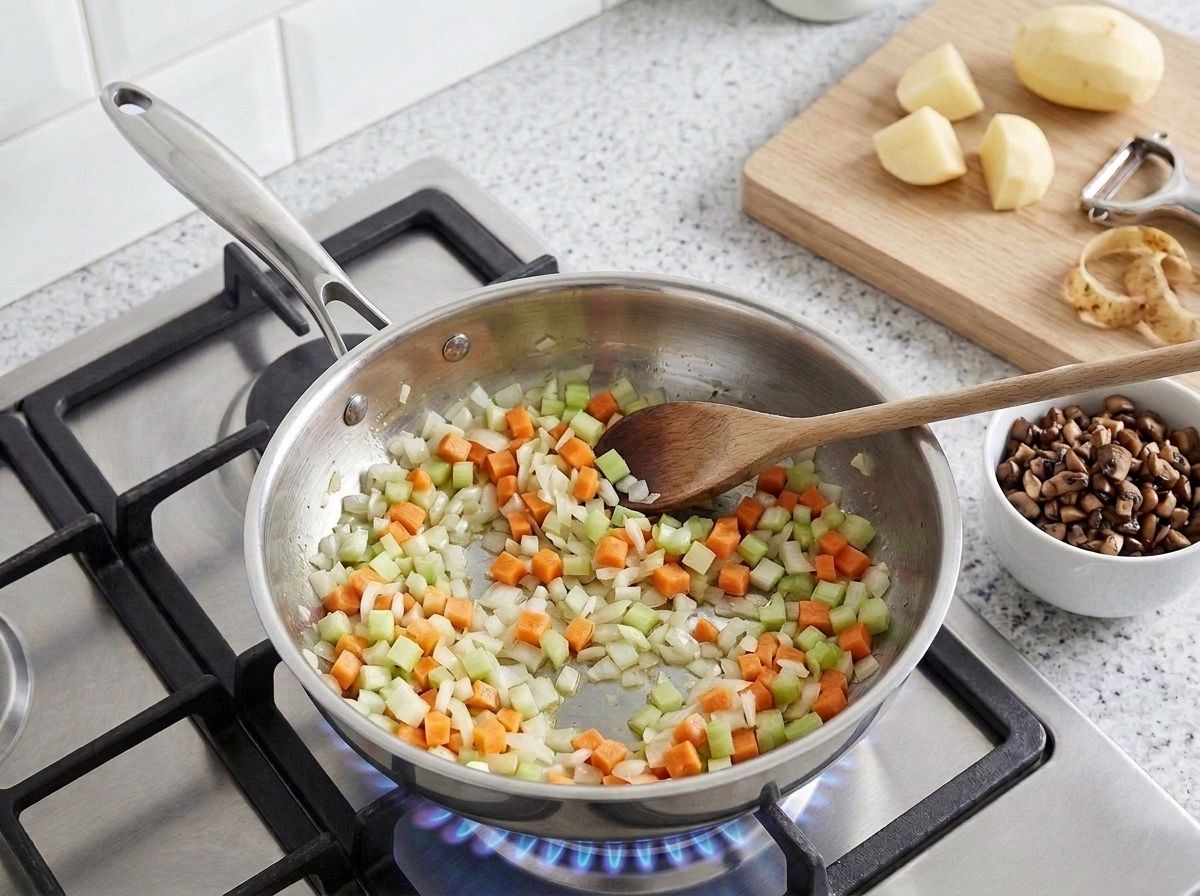 Diced onion, carrot and celery softening in a stainless steel skillet, with the browned mushrooms set aside in a bowl