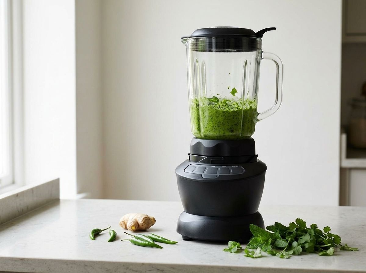 Mint, cilantro, green chillies and ginger blended to a vivid green paste in a blender jug.