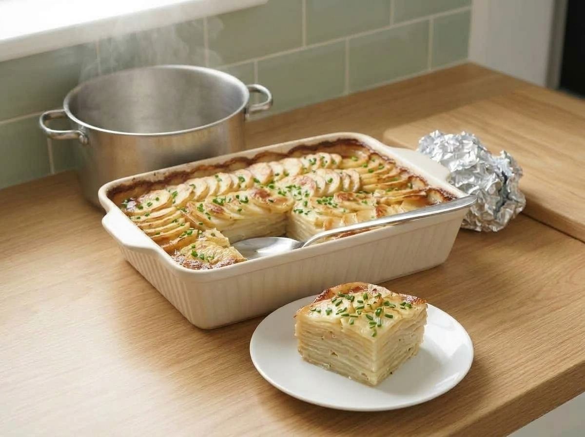 A square portion of the finished scalloped potatoes lifted onto a plate, showing a dozen thin layers inside.