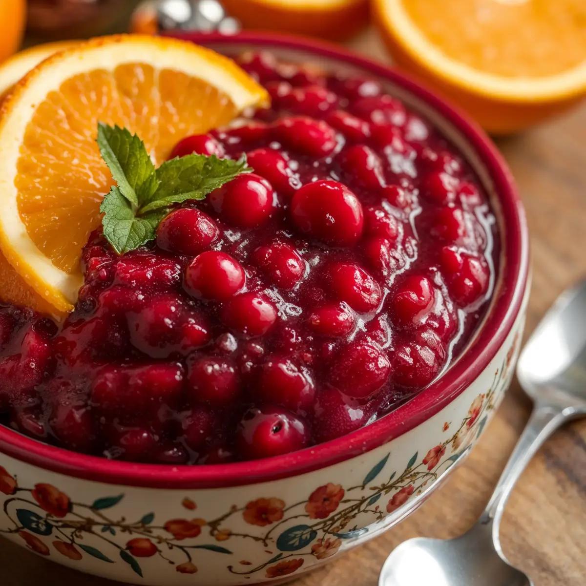 Vibrant cranberry orange sauce in a white bowl on a rustic table.