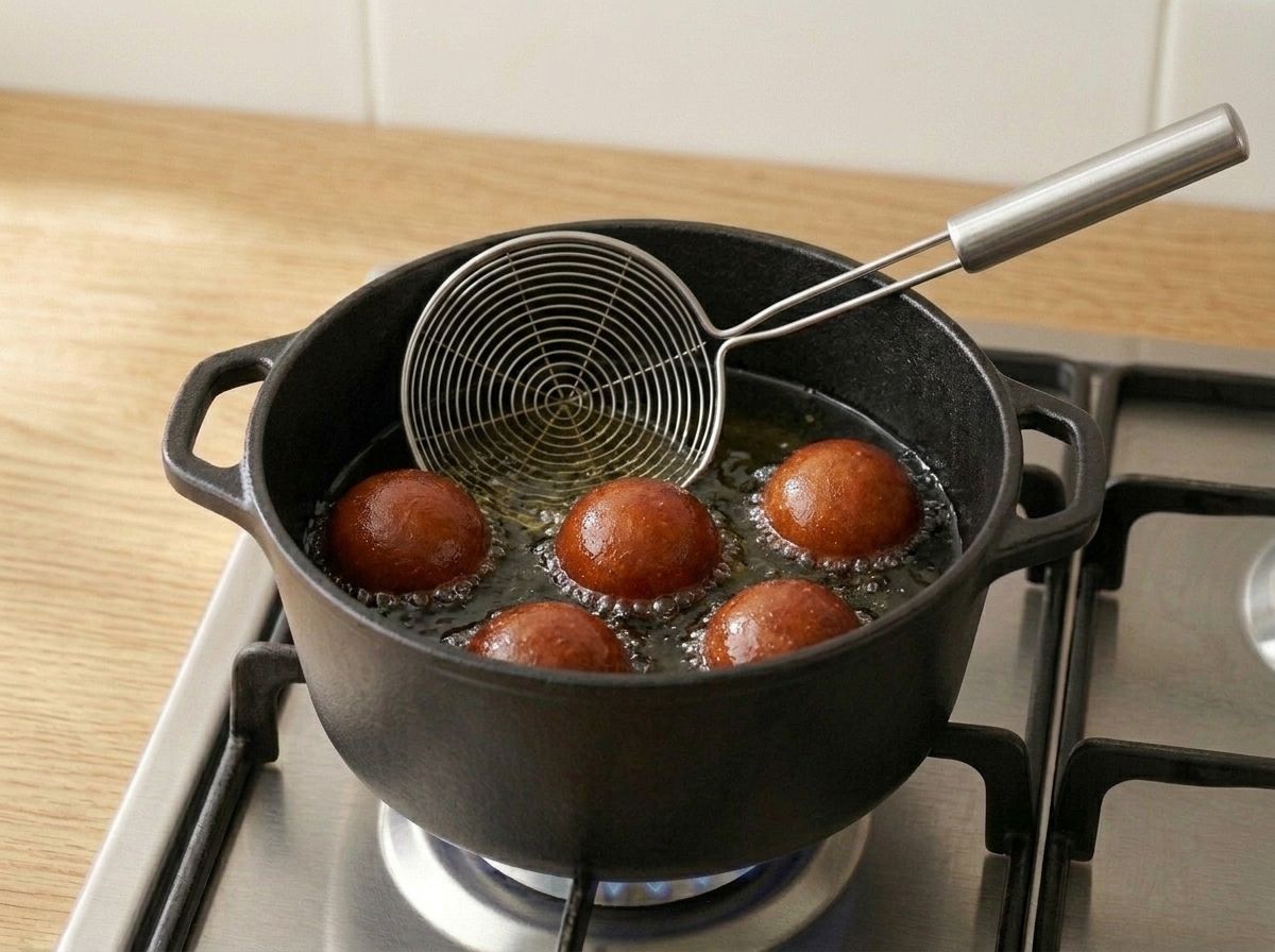 Six dough balls frying slowly in pale golden fat until they turn a deep reddish brown