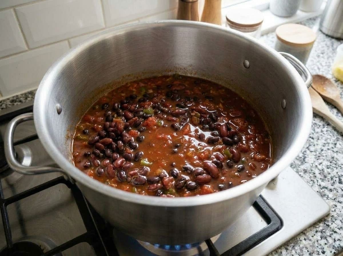 Black beans and kidney beans simmering uncovered in the brick red broth
