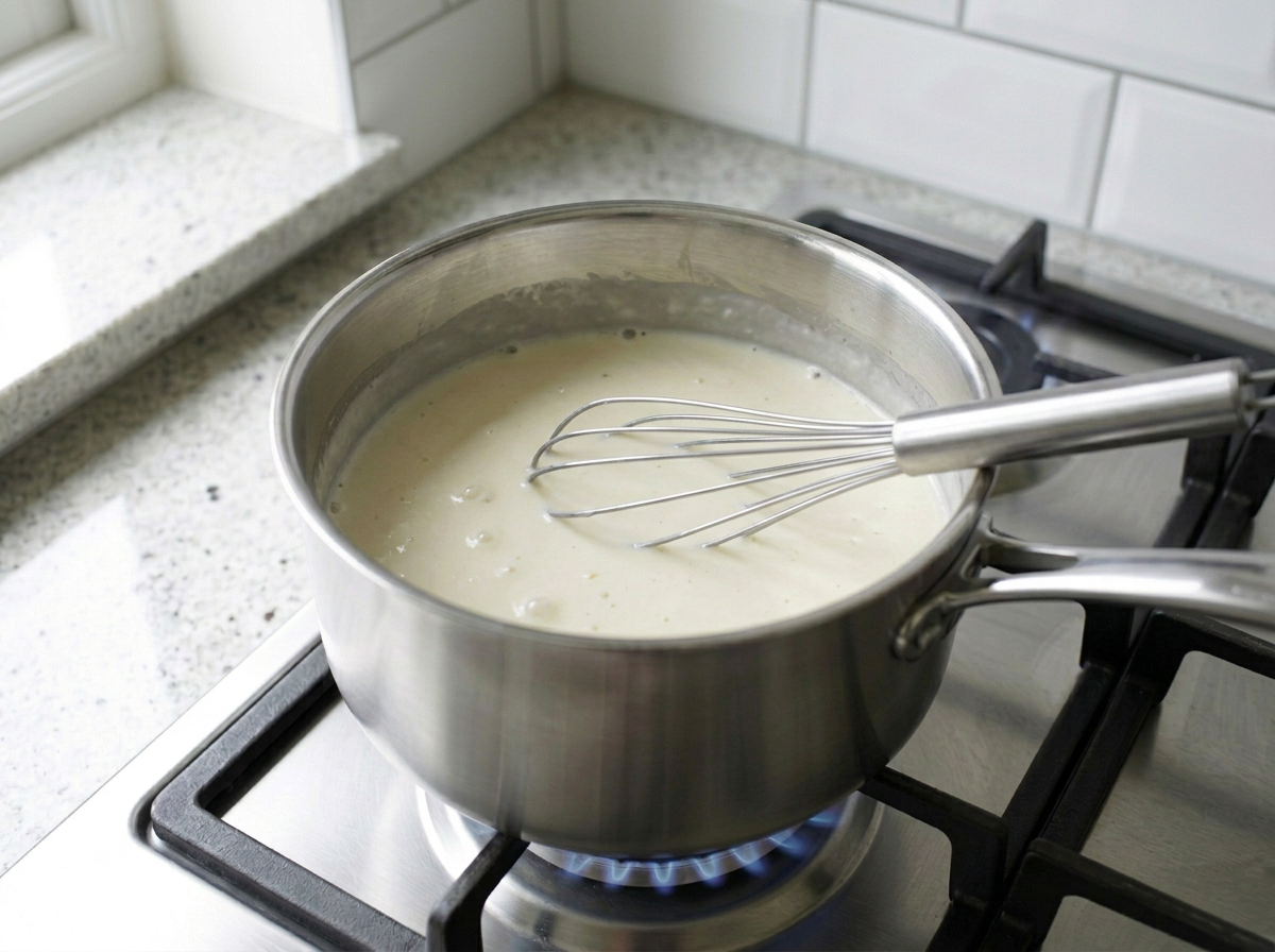 Oat milk and broth whisked into the roux to make a smooth pale cream sauce, simmering until it thickens.