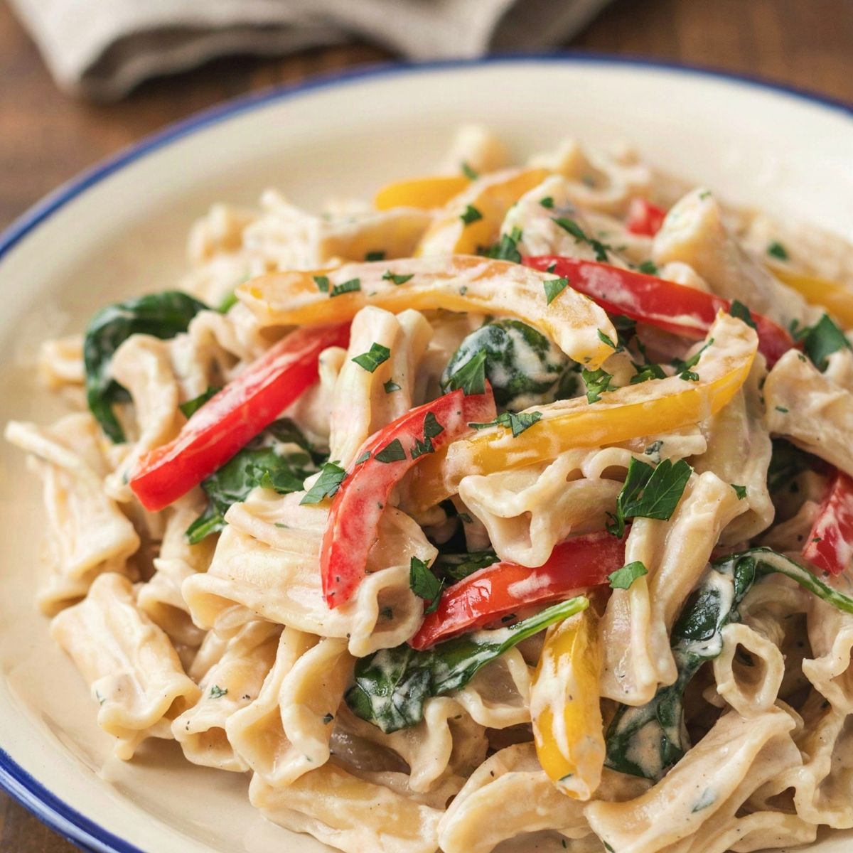 Ruffled campanelle thickly coated in a pale ivory tofu sauce, with red and yellow bell pepper strips, wilted spinach and chopped parsley, on a cream plate with a blue rim