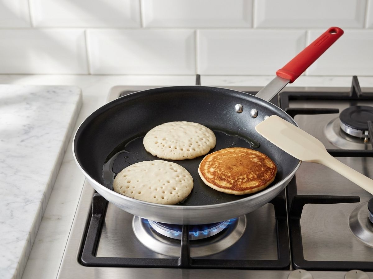 Three pancakes cooking in a non-stick skillet, two with burst bubbles on top and one flipped to show a golden underside