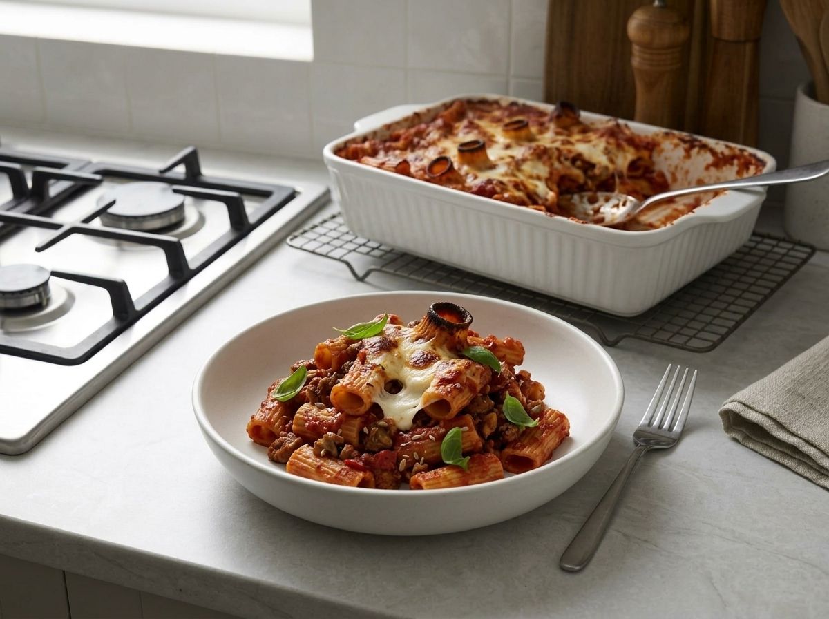 A scooped portion of baked rigatoni in a white bowl with a pocket of melted mozzarella and torn basil