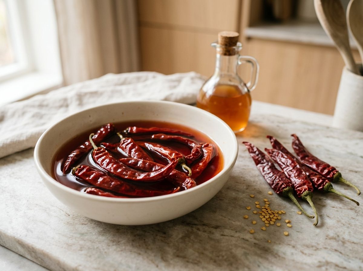 Dried Kashmiri chilies soaking in vinegar in a white bowl, with dry wrinkled chilies beside them for comparison