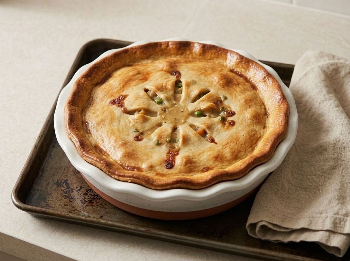 The baked pot pie on its baking sheet, crust deep golden and filling bubbling up through the slits