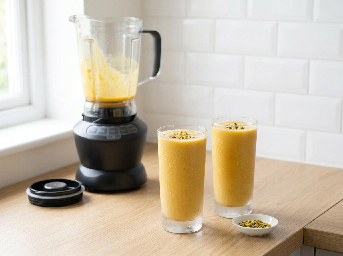 The lassi poured into the two frosted glasses and topped with chopped pistachios, the emptied jug behind