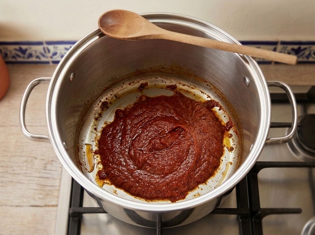 The strained chile sauce frying down in the pot to a thick brick-red paste