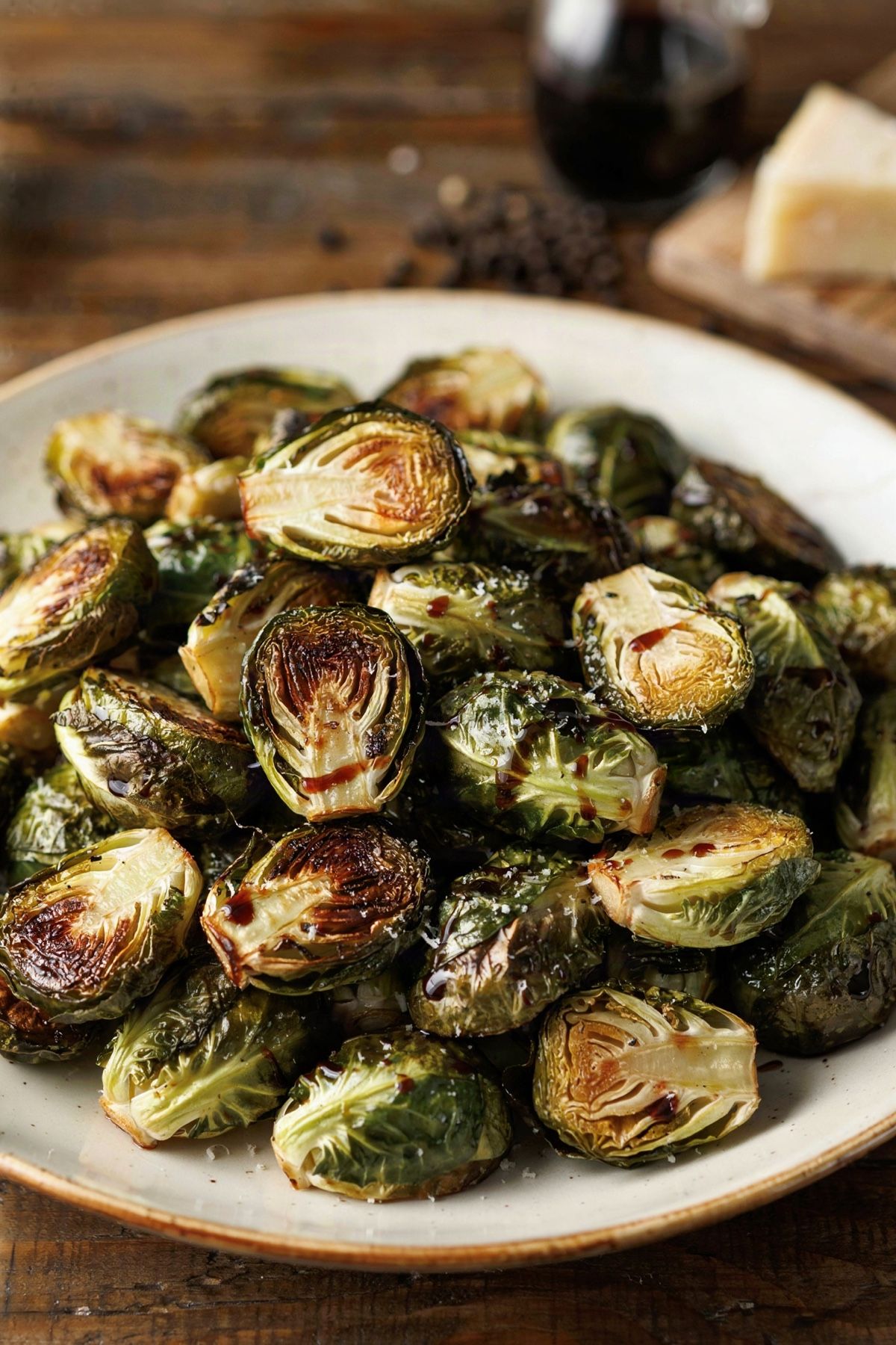 Roasted Brussels sprouts on a cream plate, the cut faces browned to deep mahogany, drizzled with a thin balsamic glaze and dusted with finely grated Parmesan.