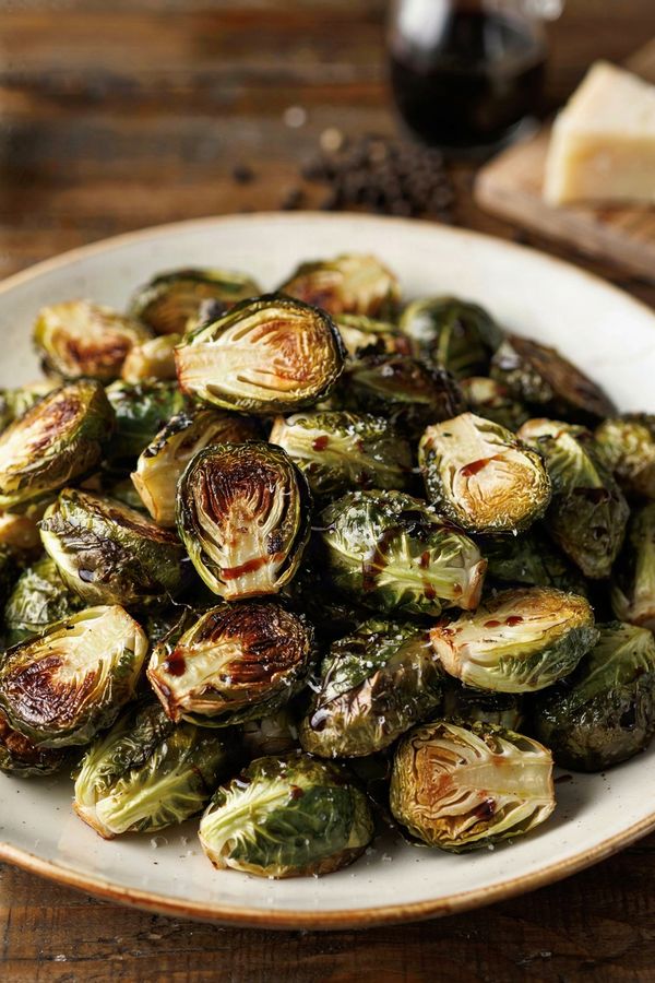 Roasted Brussels sprouts on a cream plate, the cut faces browned to deep mahogany, drizzled with a thin balsamic glaze and dusted with finely grated Parmesan.